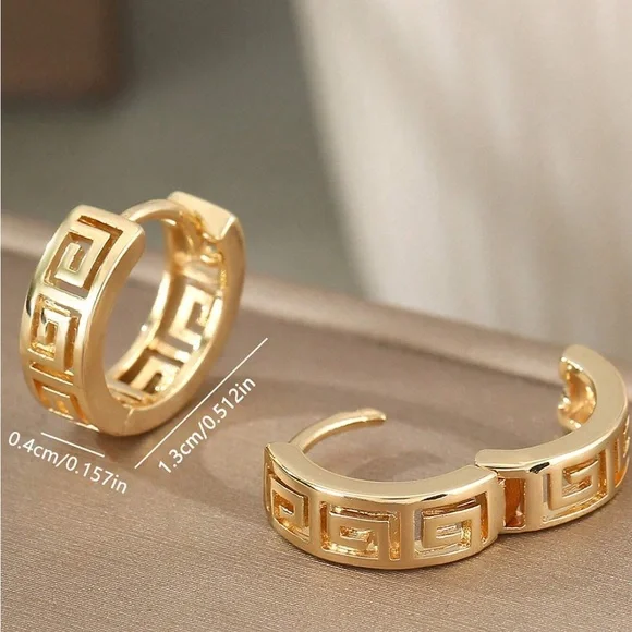 Textured Greek Earrings Elegant Gold tone Openwork Stencil Key Pierced Hoop New - Picture 3 of 6